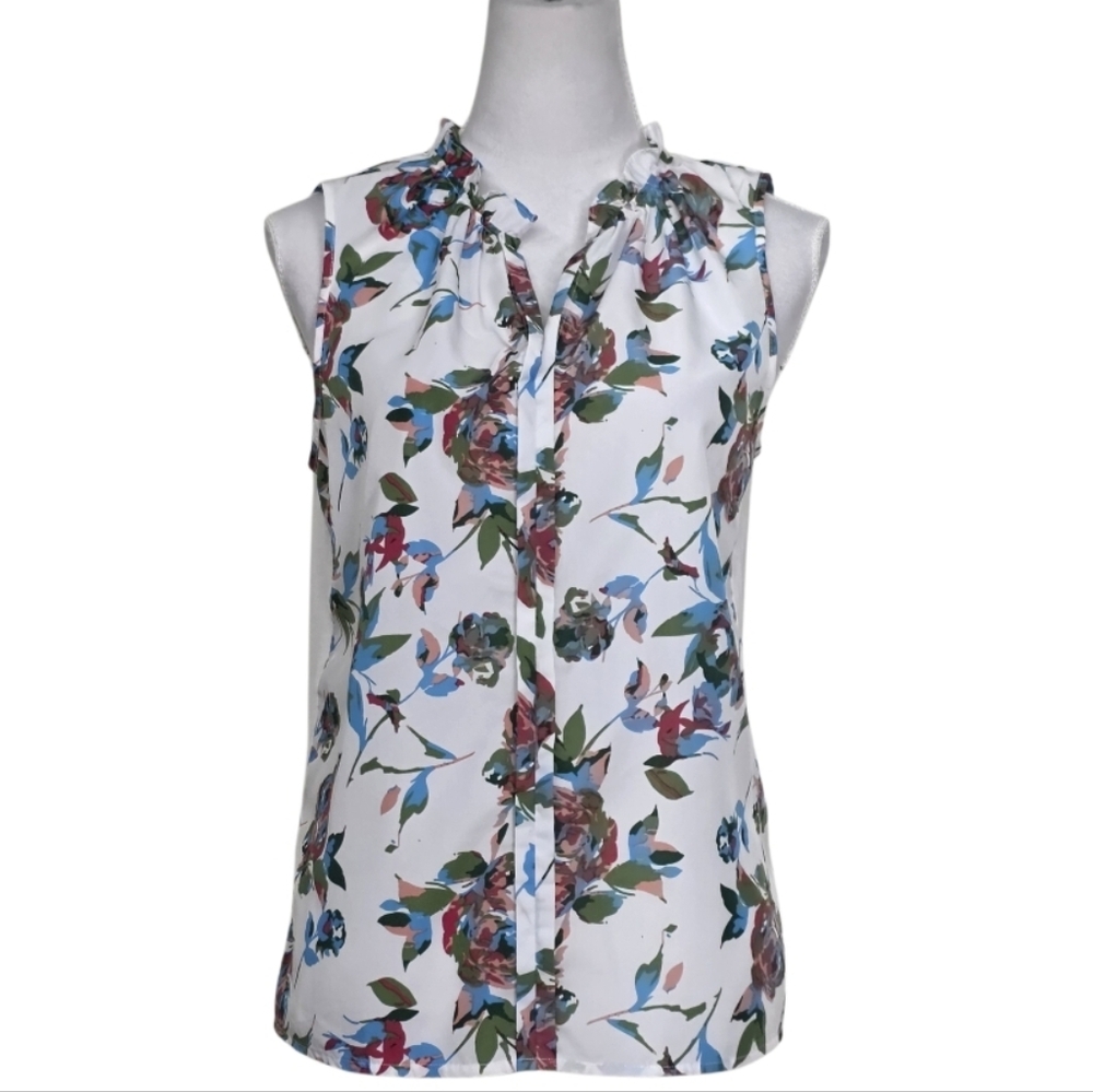 Market & Spruce White Floral Tie-Neck Sleeveless Blouse